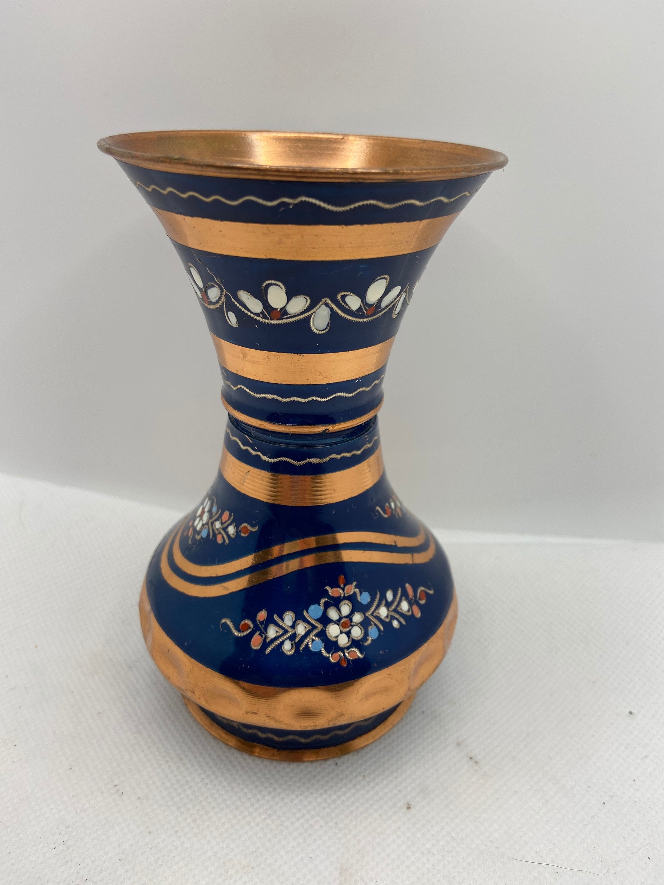 Vintage Etched Copper Vase With Cobalt Blue Enamel/hand Painted Floral