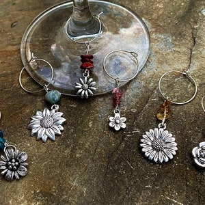 Handmade set of 6 quality and unique flower themed glass charms with semi precious stones