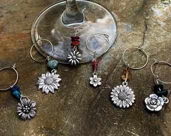 Handmade set of 6 quality and unique flower themed glass charms with semi precious stones