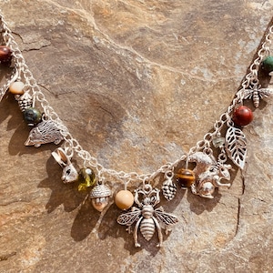 Silver multi charm and Semi precious stone necklace in woodland theme