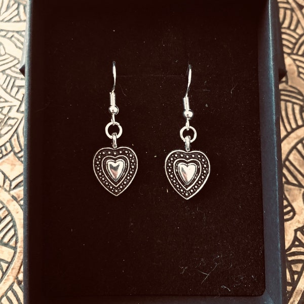 Antique Silver embossed heart earrings