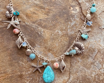 Silver multi charm necklace with semi precious stones in sea theme