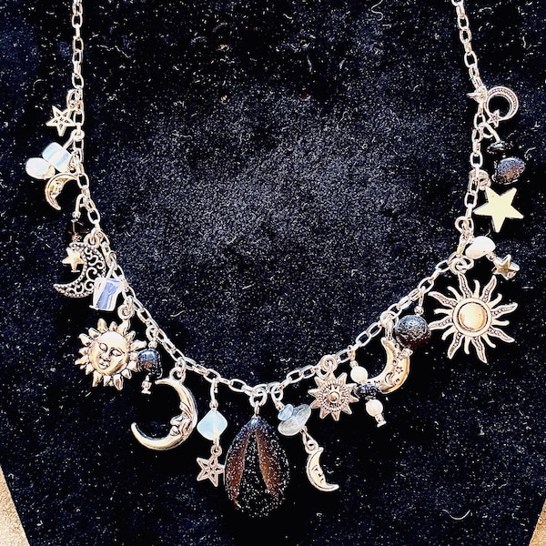 Handmade sun, moon and stars silver charm necklace