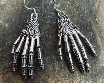 Handmade silver skeleton hand ethnic charm earrings with solid silver wires