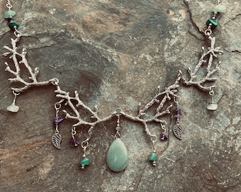 Antique style statement silver branch necklace with multiple green aventurine and amethyst semi precious stones