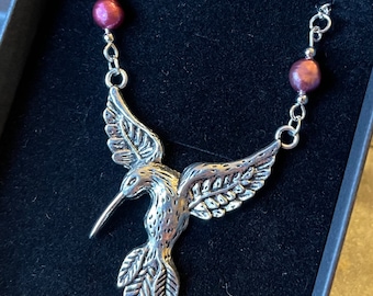 Silver hummingbird and Pearl necklace
