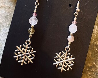 Beautiful handmade snowflake and quartz silver winter earrings