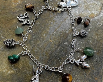 Handmade silver plated charm and semi precious stone bracelet with woodland theme