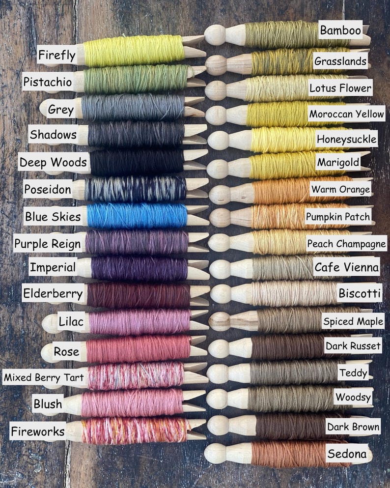 May include: A collection of colorful embroidery floss wound on wooden spools. The floss colors range from vibrant yellows and greens to deep blues, purples, and warm oranges, with labels indicating each color's name.