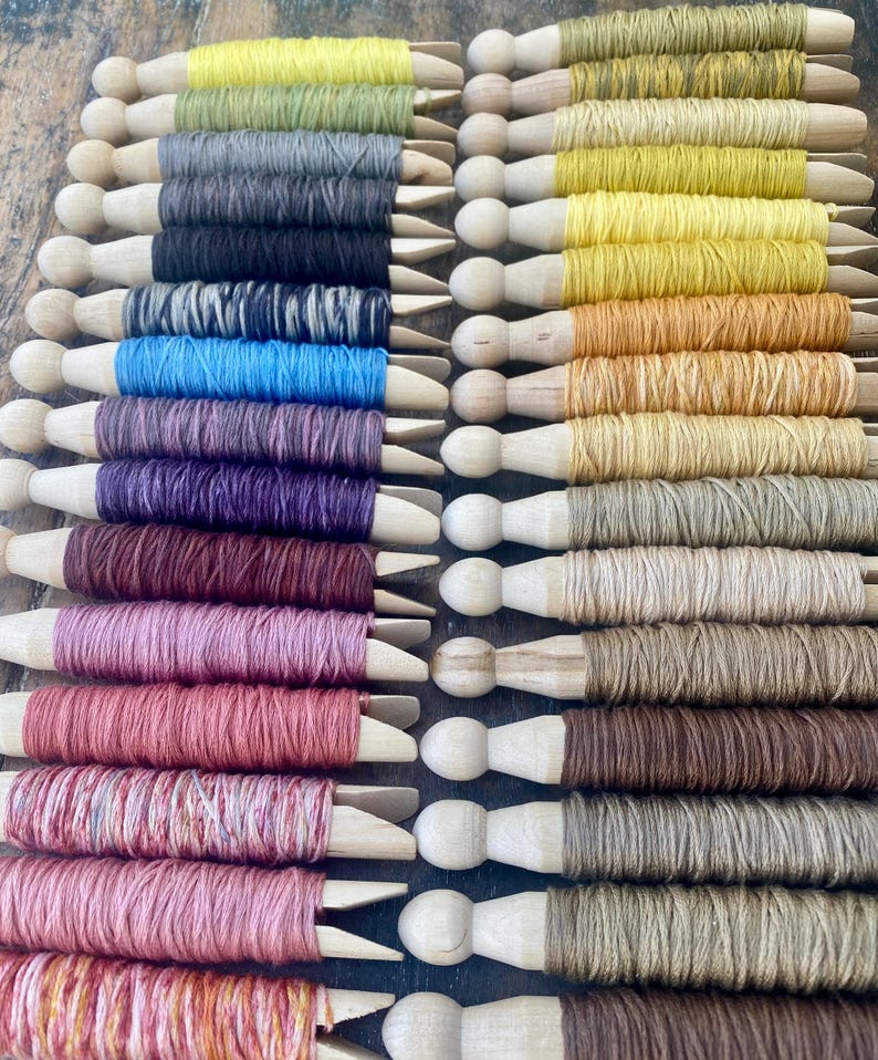 May include: Rows of colorful embroidery floss wound on wooden spools. The floss colors include shades of yellow, gray, black, blue, purple, pink, and brown. The wooden spools have a rounded top and a pointed end.