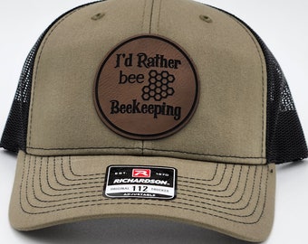 Beekeeping Hat with I'd Rather Bee Beekeeping Engraved Leatherette Patch on a Richardson R112 hat.  Gift for beekeepers.