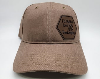 Beekeeping Hat with I'd Rather Bee Beekeeping Engraved Leatherette Patch on a Richardson R75 hat.  Gift for beekeepers.