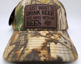 Camo Beekeeping Hat with Funny Drink Beer and Hang With My Bees Engraved Leatherette Patch.  Gift for beekeepers.