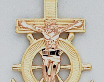14k Solid Yellow & Rose Gold Cross Pendant - Baptism Gift