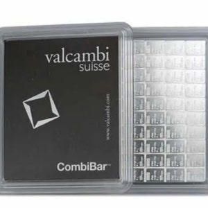 May include: A silver CombiBar in a clear plastic case. The bar is made up of 100 individual 1 gram silver bars. The case has the Valcambi Suisse logo and website address printed on it.