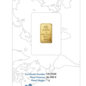 May include: A gold bar with the inscription "SUISSE 1g FINE GOLD 999.9" and the certificate number "C812548". The bar is on a white background with a map of the world.