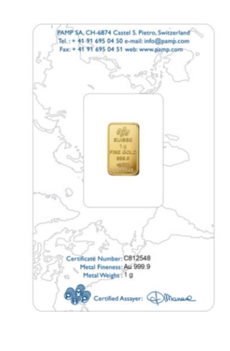 May include: A gold bar with the inscription "SUISSE 1g FINE GOLD 999.9" and the certificate number "C812548". The bar is on a white background with a map of the world.