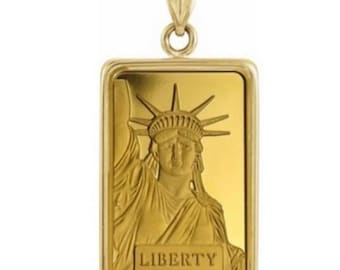 1 Gram Statue Of Liberty Bar Pendant: 24k Gold In 14k Solid Gold Bezel