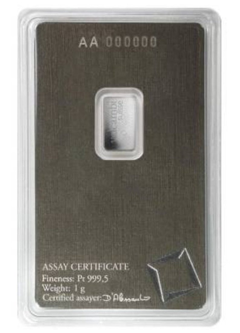 May include: A silver assay certificate encased in clear plastic. The certificate has the text "AA 000000" at the top. The certificate includes a small silver bar, and the text "ASSAY CERTIFICATE" and "Weight: 1 g".