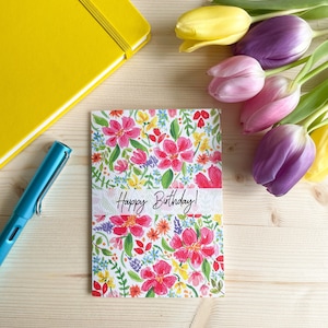 Aquarel verjaardagskaart met bloemen | Bloemenwenskaart A6 | Blanco binnenkant | Handgemaakte illustratie | Kaart met envelop | Set van 1, 3, 5 inch