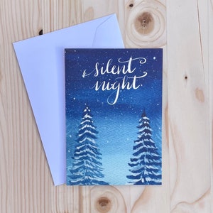 Tarjeta navideña de Noche de Paz / Escena de bosque invernal / Tarjeta navideña en acuarela / Interior en blanco / Tarjeta navideña ilustrada en acuarela