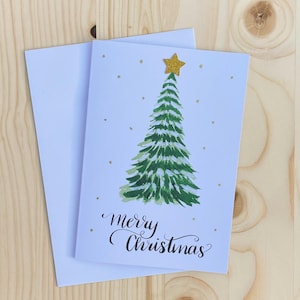Geïllustreerde aquarel kerstkaart | Vrolijke kerstkaart | Aquarel kerstboom | Minimalistische kerstkaart | Blanco binnenkant | Gouden inkt
