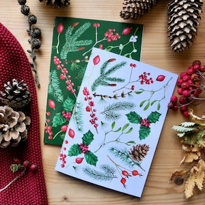 Cartão de Natal ilustrado em aquarela | Cartões de Natal botânicos | Folhagens natalinas | Cartões artesanais | Cartões de Natal