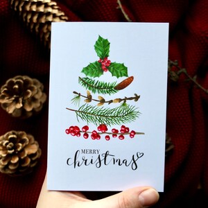 Cartão de Natal ilustrado em aquarela | Cartões de Natal botânicos | Folhagens natalinas | Cartões artesanais | Cartões de Natal