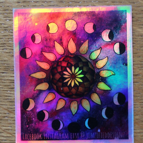 sticker, holographic moon phase sun flower galaxy sticker, sacred geometry sun flower, slap art, vinyl decal, water bottle, bummer sticker