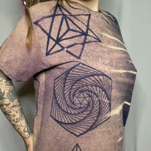 Made To Order!! Bleach Dye 100% Cotton, Custom, T Shirt with Tetrahedron, Pentagon Spiral, and Merkabah Sacred Geometry, Tie Dye Stripes