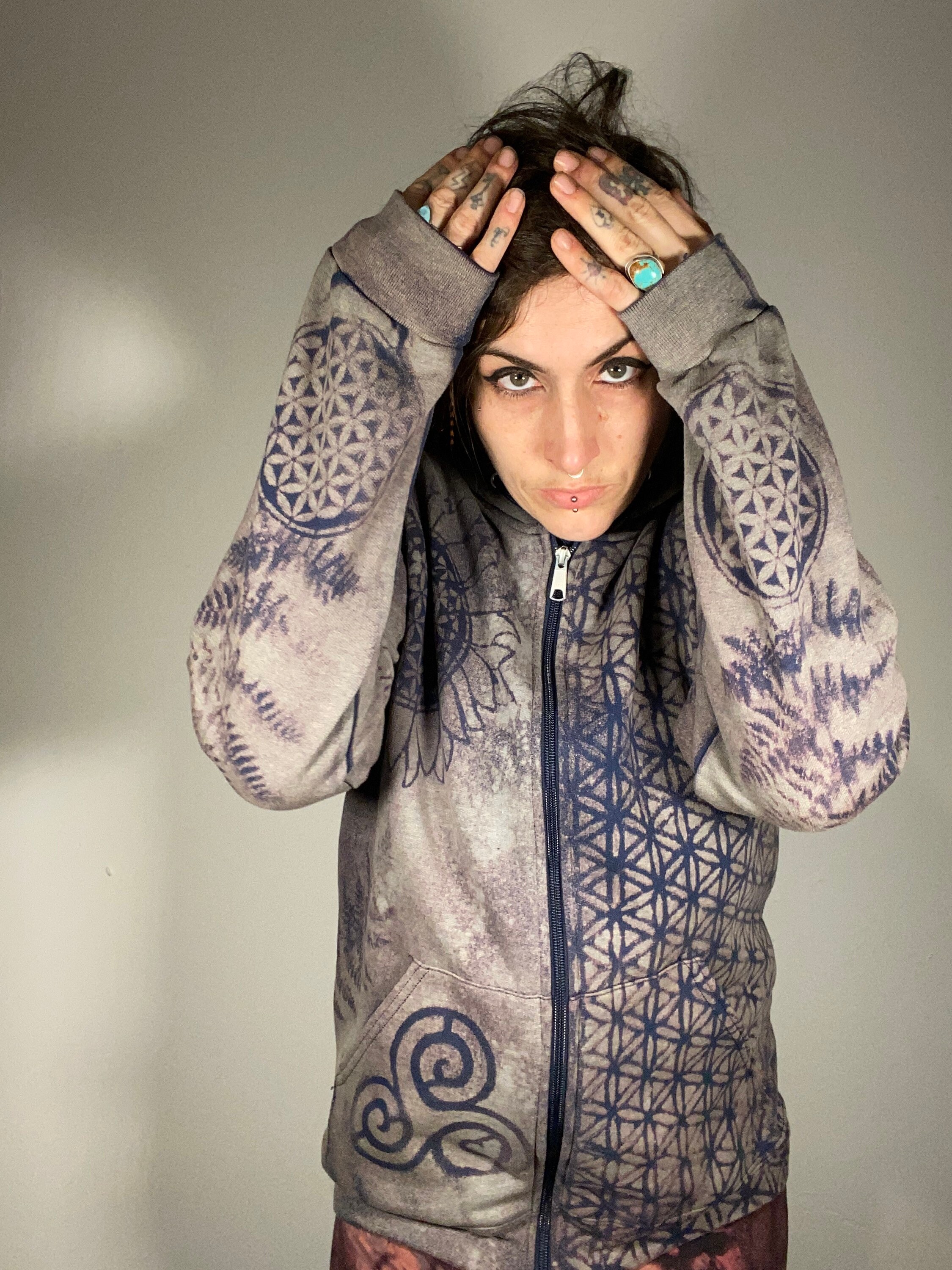 Made to Order, Zip up Hoodie, Sacred Geometry Bleach Dyed