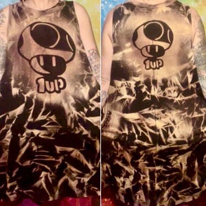 Custom 1 Up Mushroom Bleach Dye Tank Dress, Flowy Pockets Summer Apparel