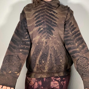 Forest, Ferns, Flower of Life Sunflower, Flower Power, Bleach Dye, Pull Over Fleece Hoodie