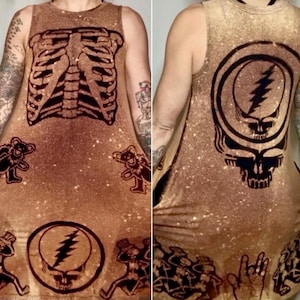 Bleach Dye Grateful Dead Tank Dress, Stealie, Dancing Skeletons, Custom Made