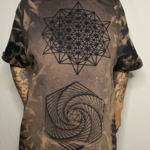 Made To Order, Custom Bleach Dye Tie Dye T Shirt with Ferns, Tetrahedron, Pentagon Spiral, Sacred Geometry Graphic Designs, crinkle, scruch