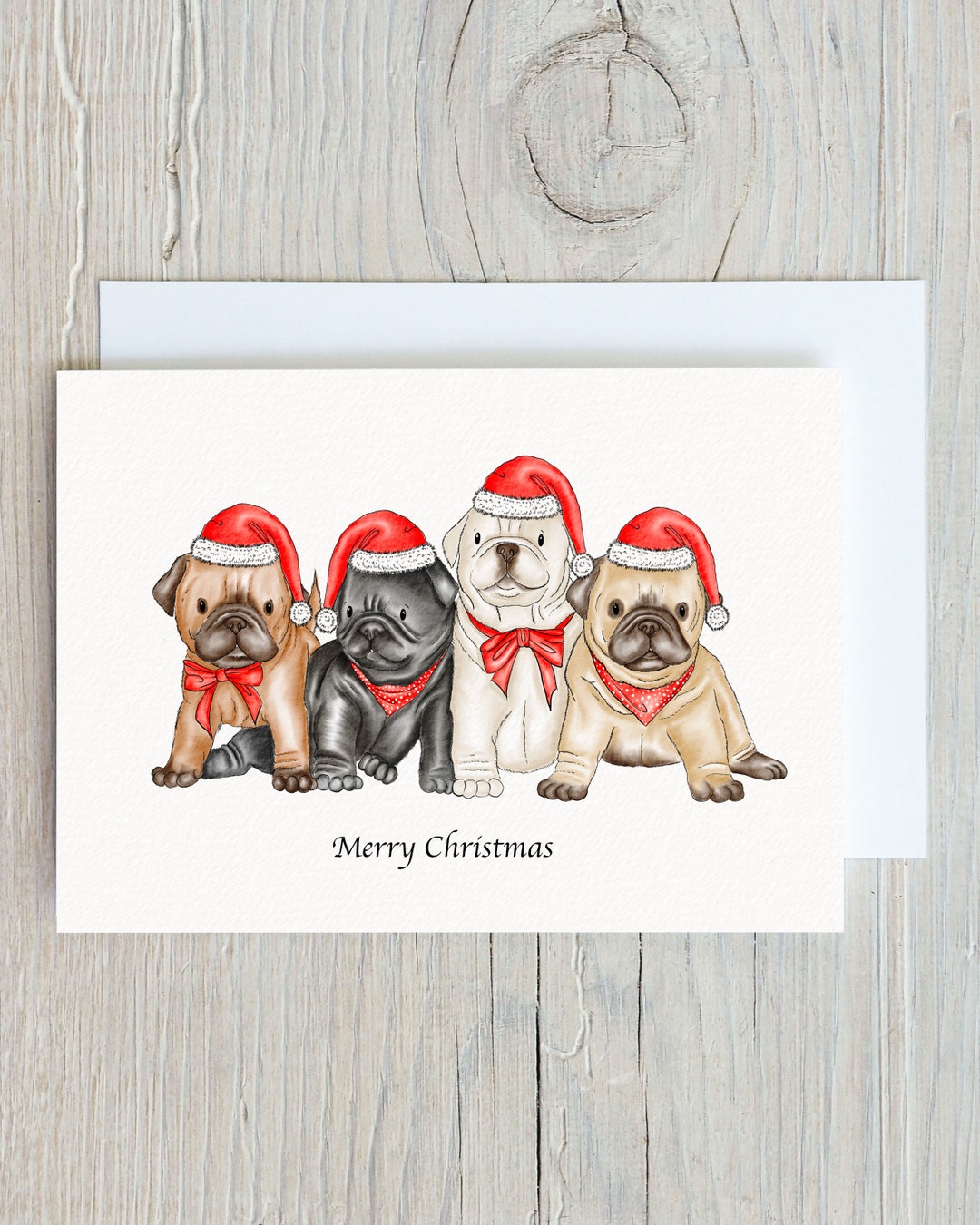 Pug Christmas Card, Pugs and Kisses at Christmas, Merry Christmas, Xmas ...
