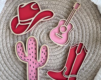 Cowgirl Wand Dekor Set | Western Kinderzimmer | Holzhut, Gitarre, Stiefel & Kaktus | Mädchen-Schlafzimmer