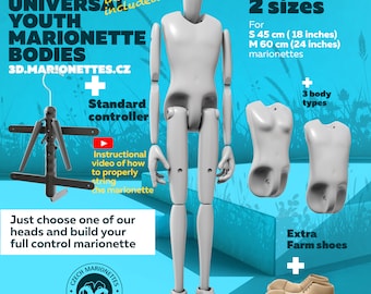 May include: Full control marionette body for youth, available in two sizes: 18 inches (45 cm) and 24 inches (60 cm).  The marionette body is made of white plastic and comes with a standard controller, three body types, and optional farm shoes.  The image also includes a video tutorial on how to string the marionette.