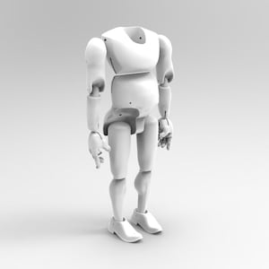 Könnte beinhalten: Eine weiße, bewegliche Plastikfigur mit einem abgerundeten Oberkörper und ohne Kopf. Die Figur hat bewegliche Arme und Beine und trägt weiße Schuhe.