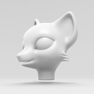 May include: A white, 3D-printed model of a cartoon animal head, possibly a fox or cat, with large ears and a friendly expression.