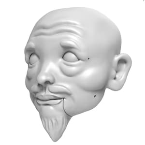 Könnte beinhalten: Ein weißes, 3D-gedrucktes Modell eines menschlichen Kopfes mit Bart und Schnurrbart. Der Kopf ist zur Seite geneigt und die Augen sind geschlossen.