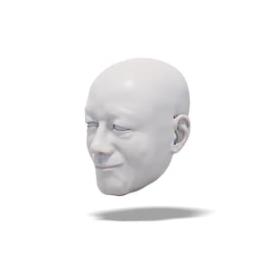 Op de afbeelding: Een wit 3D-geprint model van een menselijk hoofd met een neutrale uitdrukking. Het hoofd is lichtjes naar de zijkant gekanteld en de ogen zijn gesloten.