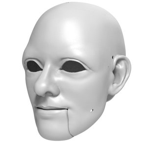 May include: A white, blank doll head with painted eyes and a sculpted mouth. The head is made of a smooth, matte material and has a realistic appearance.