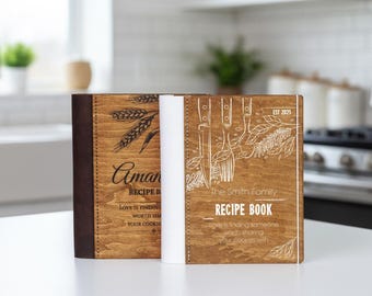 Personalized Wooden Recipe Book Binder with Leather Spine, Custom Family Cookbook, Rustic Kitchen Recipe Journal, Wedding Gift