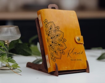 Personalized Leather Recipe Book with Stand, Hand Bound Journal, Custom Cookbook