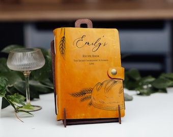 Personalized Leather Recipe Book with Stand, Hand Bound Journal, Custom Cookbook