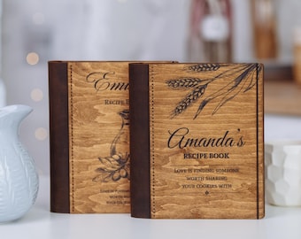 Recetario de madera personalizado: Hortensia, detalles en cuero
