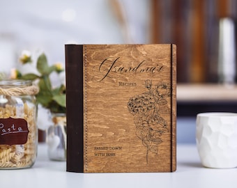 Personalized Wood & Leather Cookbook, Hydrangea Recipe Book, Custom Recipe Binder, Gift for Mom