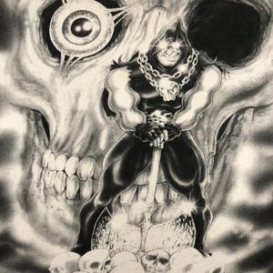 May include: A black and white graphic tee featuring a muscular figure in a hooded cloak, holding an axe, and standing on a pile of skulls. A large skull and an eye are in the background. The design is detailed and has a dark, gothic theme.