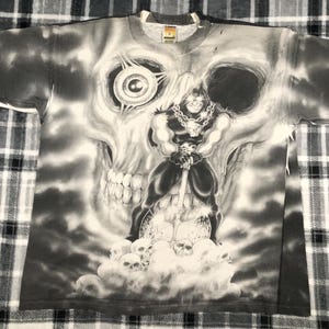Vintage 90s - Flaming Skull Executioner Art All Over Print AOP - Metal Punk Rocker T Shirt - Size XL